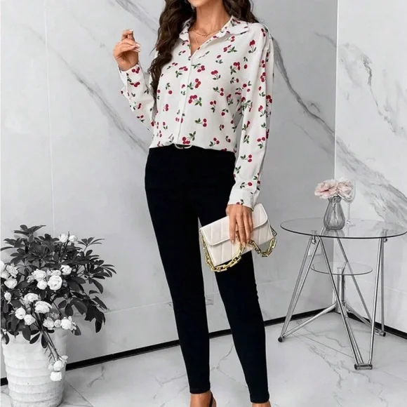 Classic Work Cherry Print Office Top Button Down Up Shirt Blouse White Red - Picture 2 of 5